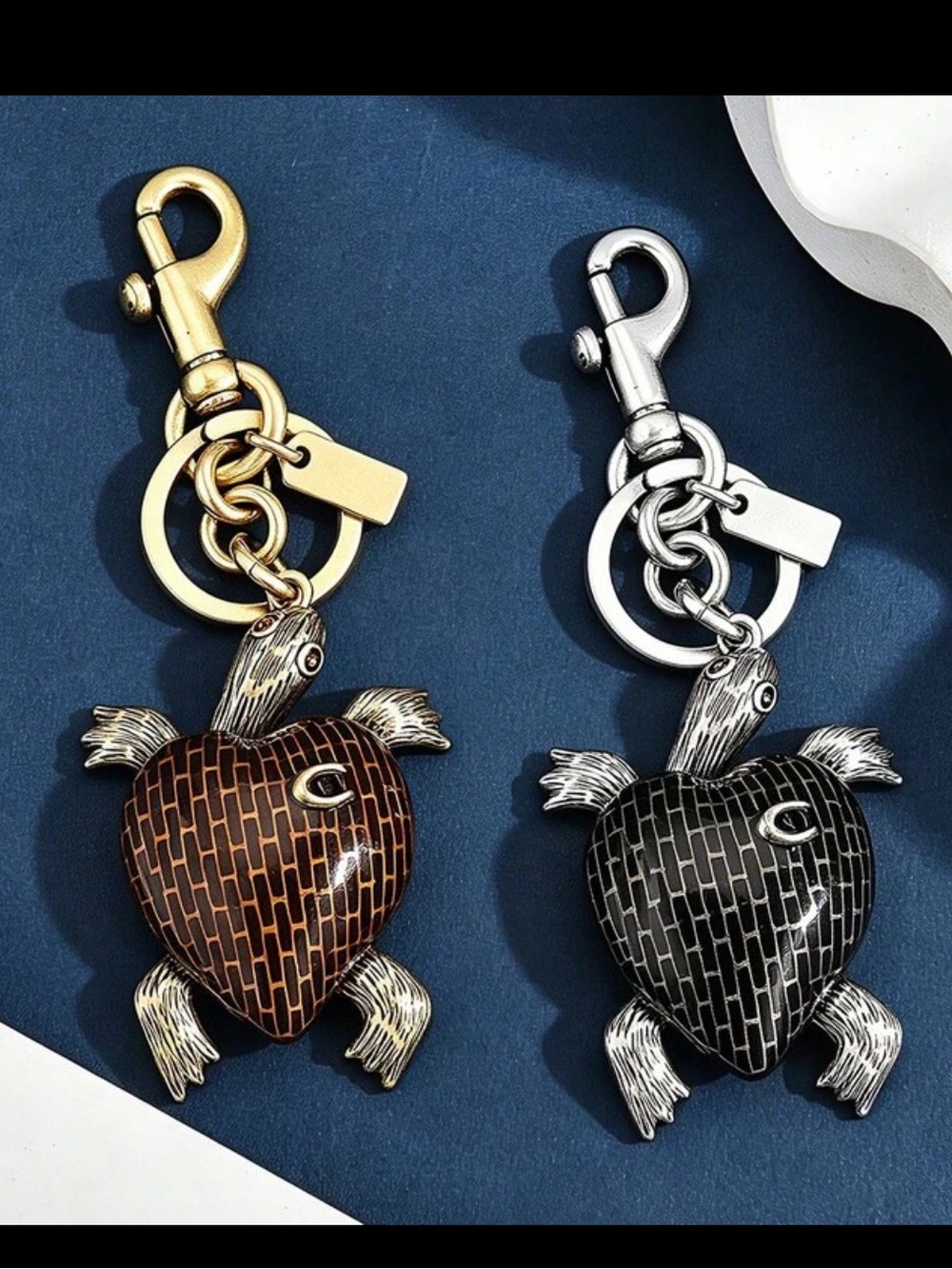 Turtle Heart Bag Charm Keychain - antique gold or silver